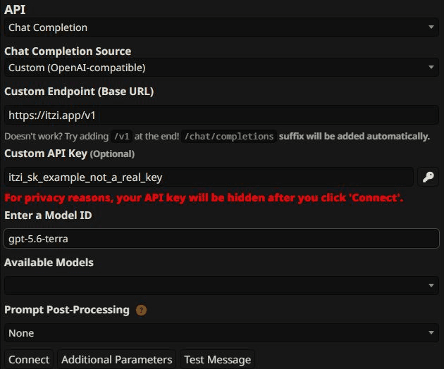 SillyTavern custom Chat Completion settings with the Itzi base URL, a dummy API key and an example model ID.