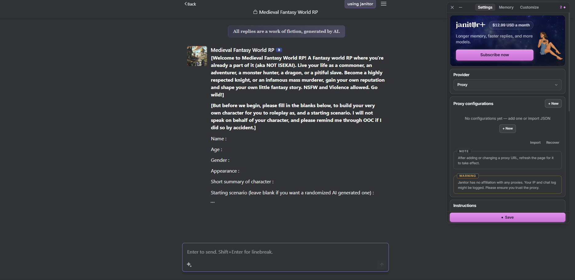 JanitorAI settings with Provider set to Proxy, an empty Proxy configurations list, + New buttons and Save at the bottom.
