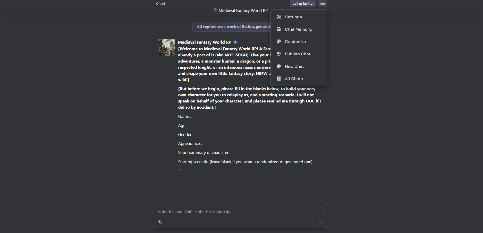 JanitorAI chat menu with Settings as the first option below the three-line menu button.